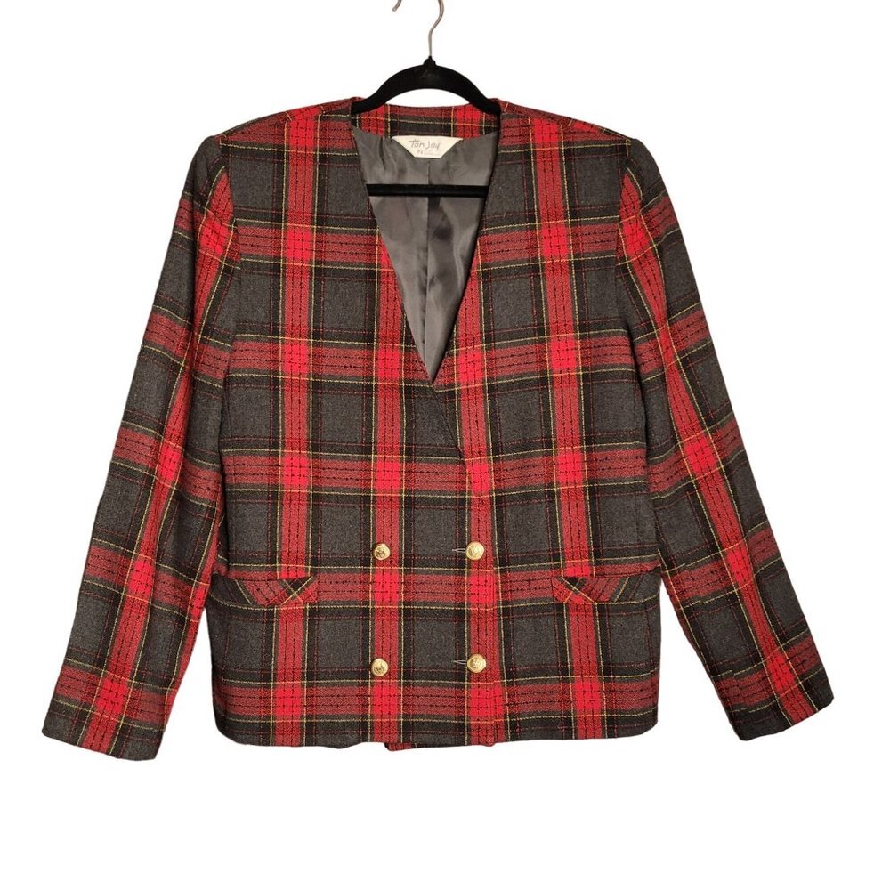 Vintage Women's Old Money Preppy Academia Double Breasted Plaid Blazer Red Green